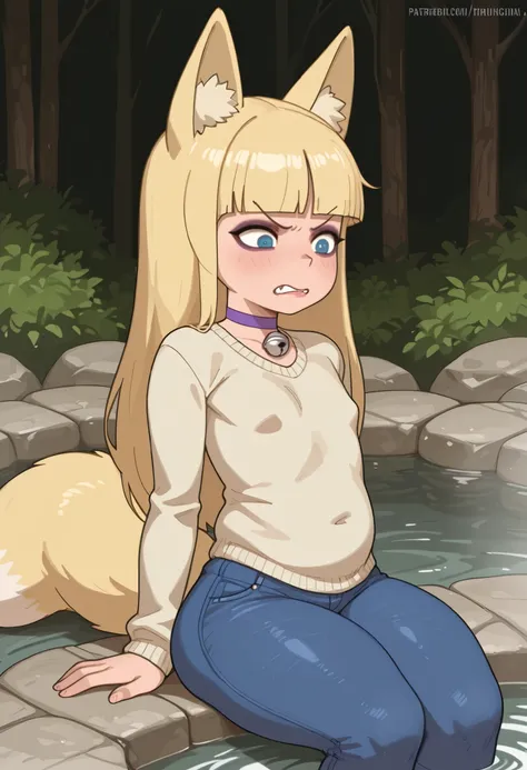 Pacifica Northwest, flat breasts, flat chest, skinny, huge hips, long hair, blonde hair, choker ,| best quality, amazing quality, solo, 1girl, blonde hair, jingle bell, fox ears, thick thighs,outside, chubby, makeup outside, angry, hot springs, fox tail, s...