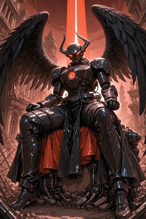 （highest quality, highest masterpiece, the most detailed description of the human body, anatomically accurate）Duel Eye that emits red light、Jet Black Angel 、the ring of angels is black and red mechanical and inorganic、An angel wearing a futuristic mechanic...