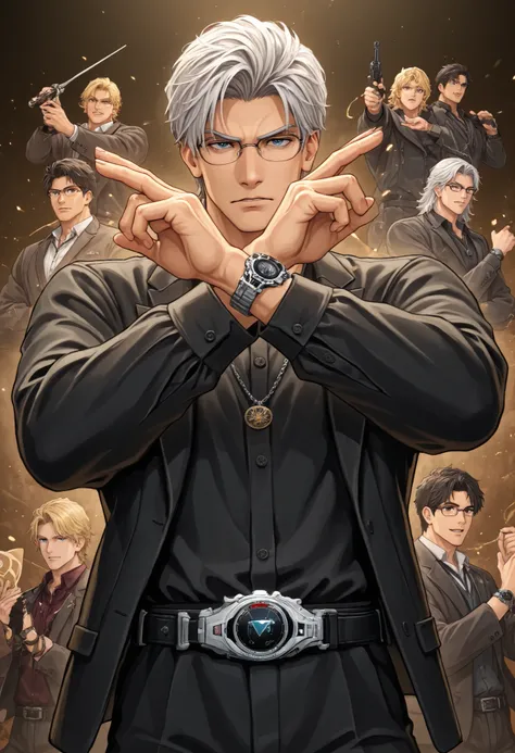 henshin pose,pwobjection,manbrut,glasses, accessories, watch, necklace,, Homem bonito e atraente de 38 anos, com barba preta e pele branca/ parda , olhos castanhos e cabelo castanho curto estiloso, terno preto, usando óculos de grau, foto de frente com fu...