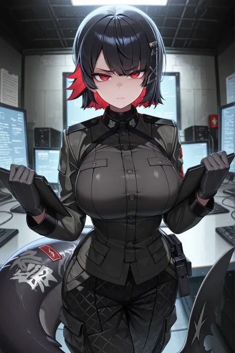 absurdres, (((Ultra HD))), (((Ultra High Quality))), ((hyper detailed)), ((Ultra High Resolution)), (Highly rendered), ((detailed eyes)), (((8K))), ((perfect face)), ((masterpiece)), cinematic, solo, 1girl, tall, black military combat uniform, black camou...