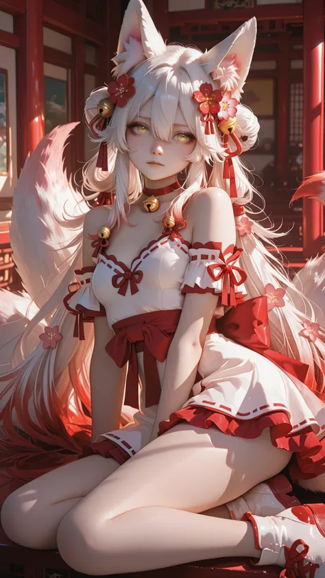 masterpiece, Highest Quality, Newest, absurd, high resolution, Hype4realistic,Detailed Art Style, KIT SUNNY STAR VTXL, fox ears, animal ear fluff, YELLOW EYES, silver hair, long hair, side lock, hair between eyes, Red hair ornament, hair flower,  hair bell...