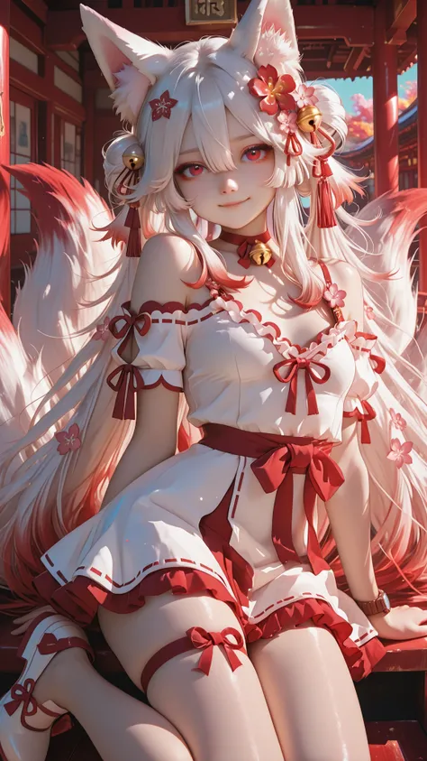 masterpiece, Highest Quality, Newest, absurd, high resolution, Hype4realistic,Detailed Art Style, KIT SUNNY STAR VTXL, fox ears, animal ear fluff, red eyes, silver hair, long hair, side lock, hair between eyes, Red hair ornament, hair flower,  hair bell, R...