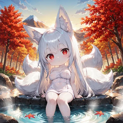 chibi,,(1 person:1.4)、chibi only、little character、2.5 heads tall、The Fox Eared Girl、(pale skin:1.2)、long white hair、Nine-Tailed Fox、red eyes、vertical pupils、(big boobs:1.2)、♨、bath towel、Entrance、Hot Springs、an open-air bath、Fluttering Red Maple Leaves、Moun...