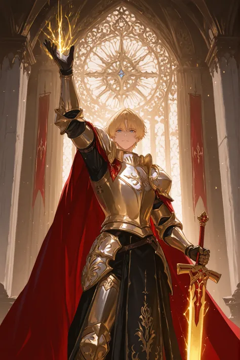 Handsome young male knight with short golden-blonde hair and piercing blue eyes, wearing ornate silver and golden armor with intricate engravings and a flowing royal red cape. He holds a radiant golden sword that shines with divine energy, its glow illumin...