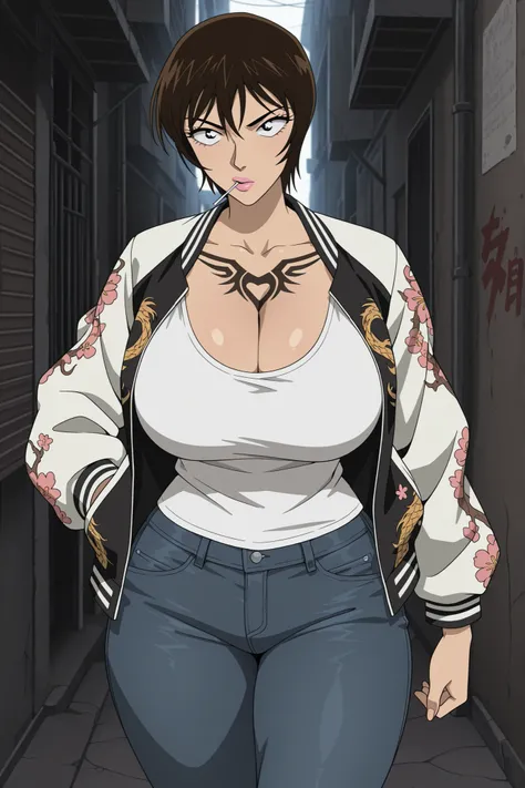 masterpiece,best quality,amazing quality,general, 1girl, Miwako Sato, Brown hair, Blur eyes, Short hair,pink lips, eyelashes, anime coloring, jeans, sukajan,lollipop,delinquent,alley, Massive Breasts, Thick Thighs, Curvy Busty Body, Legs Look Alike Of Supe...