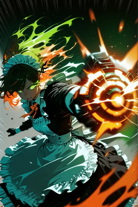 black disheveled hair and orange glowing eyes、ruffle apron and headdress with messy black and green eyes. Dynamic illustration with explosive radiating Speed Line emanating from behind her. dramatic composition with only orange accents selectively applied、...
