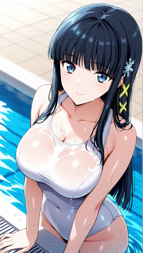 [[miyuki250219]],1lady, beauty, glossy lips,Rouge,detail eyes,dynamic angle,(poolside:1.3),anime,

shiba miyuki, black hair,long hair, blunt bangs, eyebrows visible through hair, blue eyes, snowflake hair ornament, (yellow x hair ornament:1.3),school swim ...