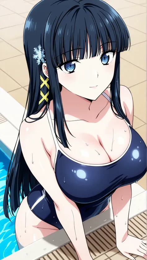 [[miyuki250219]],1lady, beauty, glossy lips,Rouge,detail eyes,dynamic angle,(poolside:1.3),anime,

shiba miyuki, black hair,long hair, blunt bangs, eyebrows visible through hair, blue eyes, snowflake hair ornament, (yellow x hair ornament:1.3),school swim ...