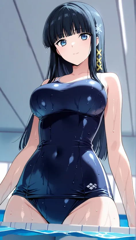 [[miyuki250219]],1lady, beauty, glossy lips,Rouge,detail eyes,dynamic angle,from below,(poolside:1.3),anime,

shiba miyuki, black hair,long hair, blunt bangs, eyebrows visible through hair, blue eyes, snowflake hair ornament, (yellow x hair ornament:1.3),s...