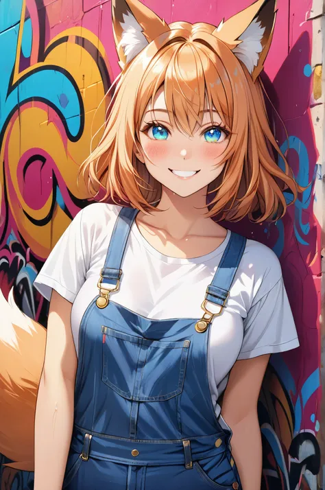(High quality, High resolution, Fine details), background is a colorful graffiti-covered urban wall, full of bold patterns and street art, casual White T-Shirt, Denim Overalls, Fox Ears, Fox Tail, solo, cheerful Woman, sparkling eyes, (Detailed eyes:1.2), ...