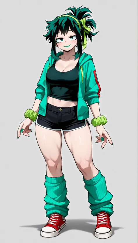 ((Highest Quality)), ((simple light grey background)), (My Hero Academia Style), (by day), 1female, female, medium Breast, thighs, hips, thick shins, solo, Athletic body, tall, standing, (Full Body), Midoriya Izuku, gender bender, half-closed eyes, green e...