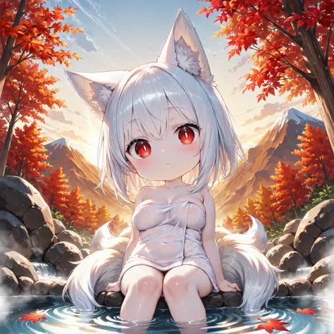 chibi,,(1 person:1.4)、chibi only、little character、2.5 heads tall、The Fox Eared Girl、(pale skin:1.2)、long white hair、Nine-Tailed Fox、red eyes、vertical pupils、(big boobs:1.2)、♨、bath towel、Entrance、Hot Springs、an open-air bath、Fluttering Red Maple Leaves、Moun...