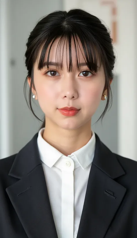 Neat Young Woman、looking at the camera、office lady suit、jacket、shirt、耳にピアス、、濃いアイメイク、、無表情、、face close-up、The background is office

