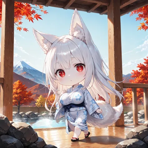 chibi,,(1 person:1.4)、chibi only、little character、2.5 heads tall、Walking Fox Eared Girl、(pale skin:1.2)、long white hair、Nine-Tailed Fox、red eyes、vertical pupils、(big boobs:1.2)、a simple yukata with white and blue stripes、Wooden Corridor、hot spring inn、Flut...