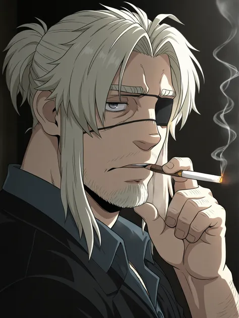 masterpiece, best quality, amazing quality, Worick Arcangelo, grey eyes, eyepatch, beard, acial hair, Blonde hair, 1 boy, male focus, bara, solo, smoking, Gray-blue eyes