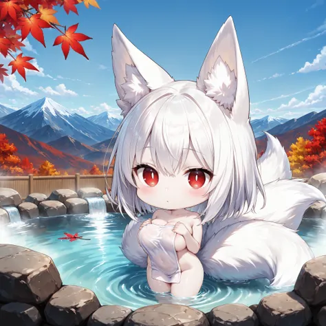 chibi,,(1 person:1.4)、chibi only、little character、2.5 heads tall、The Fox Eared Girl、(pale skin:1.2)、long white hair、Nine-Tailed Fox、red eyes、vertical pupils、(big boobs:1.2)、♨bath towel、Entrance、Hot Springs、an open-air bath、Fluttering Red Maple Leaves、Mount...