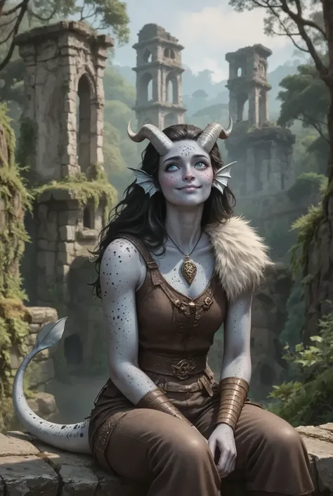 A female tiefling with pale, almost luminous skin, sits atop a weathered stone bridge, her Beastmaster attire blending seamlessly with the jungle surroundings. The rugged hides of her tunic and leggings are stitched with claw marks, a testament to her affi...