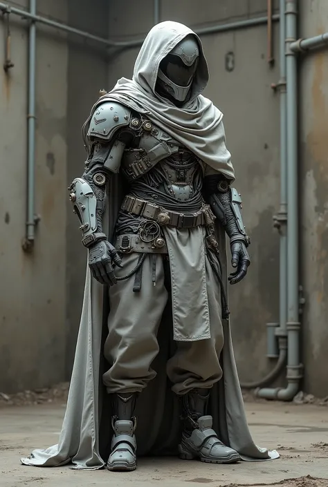 JA,((masterpiece)),((best quality)),((high detail)),((realistic)),
sharp photo of a futuristic warrior-like figure wearing a white helmet with a black visor, a grey hooded cloak draped over their shoulders, and grey pants with black and white accents. The ...