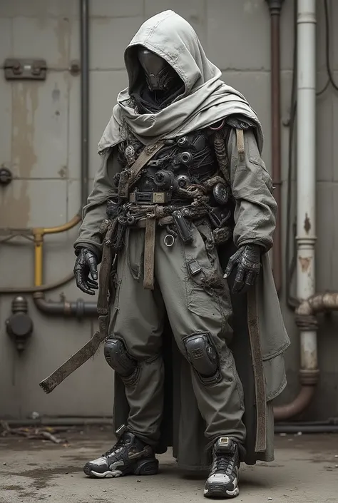 JA,((masterpiece)),((best quality)),((high detail)),((realistic)),
sharp photo of a futuristic warrior-like figure wearing a white helmet with a black visor, a grey hooded cloak draped over their shoulders, and grey pants with black and white accents. The ...
