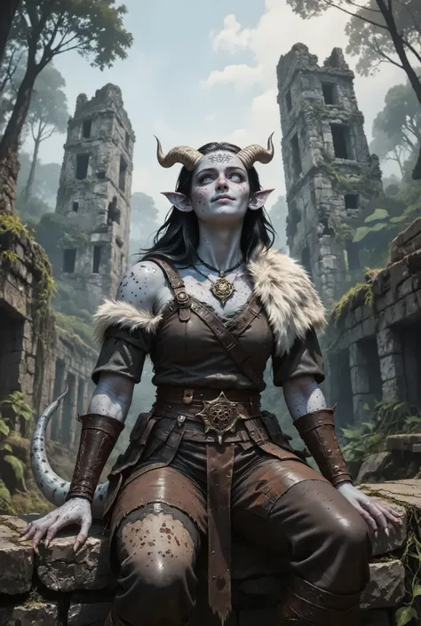 A female tiefling with pale, almost luminous skin, sits atop a weathered stone bridge, her Beastmaster attire blending seamlessly with the jungle surroundings. The rugged hides of her tunic and leggings are stitched with claw marks, a testament to her affi...