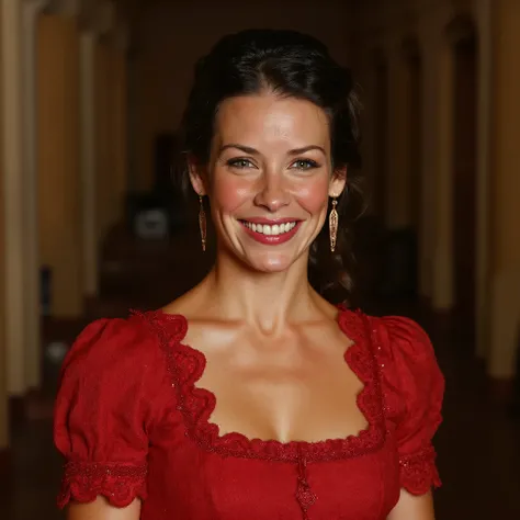 A professional close-up photo of Evangeline Lilly. She wears beautiful red laced dress of 19th century with low neckline. Evangeline Lilly, silky dark hair, tiny bosoms, small bosoms, red lips, smiling, professional photo, professional lighting, high quali...