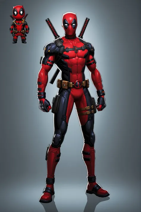 Deadpool standing, two katanas on back, utility belt, black suit with little red accents, athletic body, character design, 2d cartoon, 8k ultra HD, high quality, good lighting