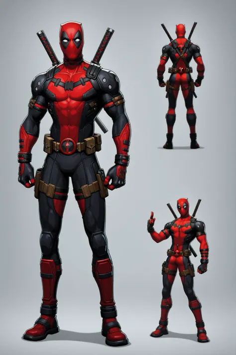 Deadpool standing, two katanas on back, utility belt, black suit, athletic body, character design, 2d cartoon, 8k ultra HD, high quality, good lighting