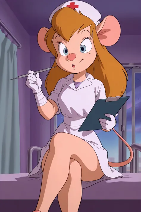 masterpiece, amazing quality, best quality, ultra-detailed, 8K, illustration, clear skin, ultra-detailed-eyes, soft skin, very awa, very as2, soft body, 1990s \(style\), official art, ga_ha, 1girl, blue eyes, long hair, animal ears, mouse, tail, nurse cap...