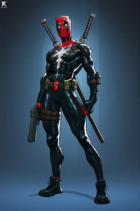 Deadpool standing, two katanas on back, utility belt, guns, black kevlar suit, athletic body, character design, 2d cartoon, 8k ultra HD, high quality, good lighting, good detailing, full body