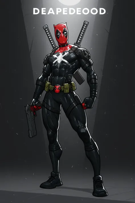 Deadpool standing, two katanas on back, utility belt, guns, black kevlar suit, athletic body, character design, 2d cartoon, 8k ultra HD, high quality, good lighting, good detailing, full body