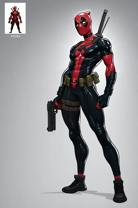Deadpool standing, two katanas on back, utility belt, guns, black kevlar suit, athletic body, character design, 2d cartoon, 8k ultra HD, high quality, good lighting, good detailing, full body