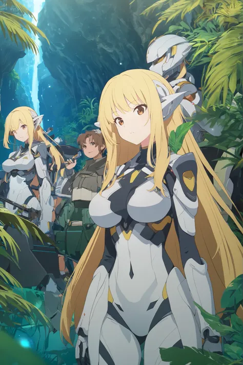beautiful girl, long yellow hair, brown eyes, medium breasts, thick hips, science fiction, suit with armor elements,  alien jungle, Blue River, a beautiful fifth dimensional, correct anatomy, perfect image, girl's unique appearance