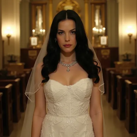 A photo of Liv Tyler. She is standing in a luxury church full of gold details, the place is lighted by candles. She wears a crystal necklace and white lace wedding dress with glitter. Liv Tyler, silky dark hair, flat chest, tiny bosoms, professional photo,...
