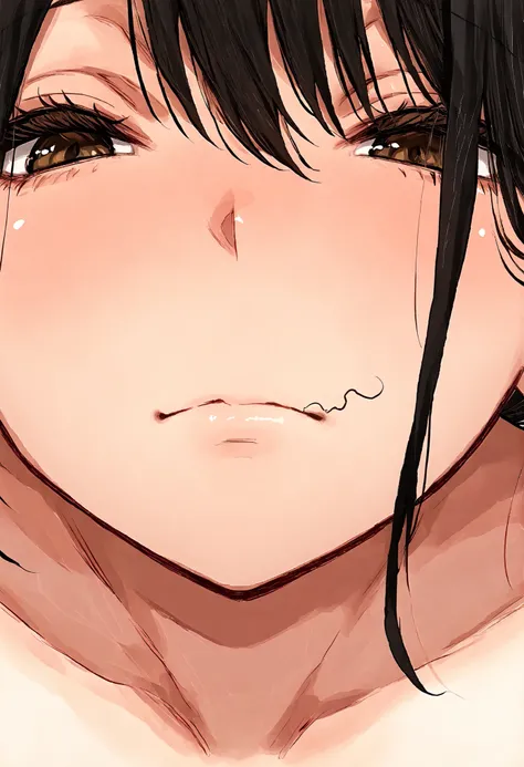 1 woman, age 40, natsume benkei, milf, NSFW, front view, mouth close-up, mouth focus, (random pubic hair), closed mouth, black hair,stray pubic hair,Mouth full of sperm 