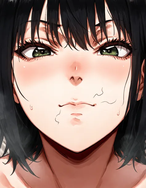 1 woman, age 40,kyou KAI, milf, NSFW, front view, mouth close-up, mouth focus, (random pubic hair), closed mouth, black hair,stray pubic hair,Mouth full of sperm 