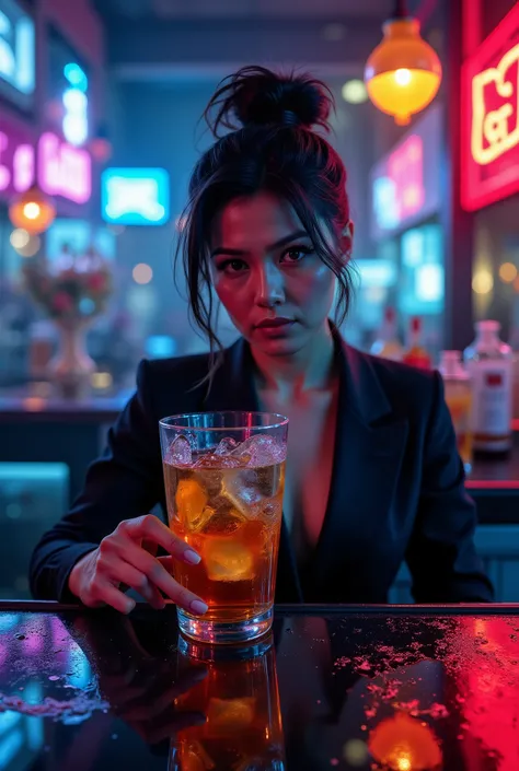 Hyperrealistic photo, a modern femme fatale bartender in a moody, neon-soaked bar. She's Asian, with sharp features and a sleek, high ponytail. Her expression is confident and enigmatic. She holds up a glass of swirling amber cocktail, the liquid illuminat...