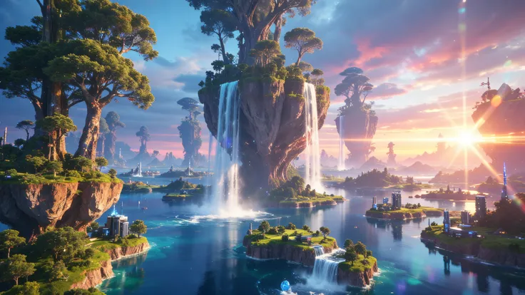 Massive interconnected floating islands in a futuristic dreamscape, multiple waterfalls connecting the landmasses with impossible physics, realistic photography style with subtle sci-fi elements, towering alien yet familiar trees, small advanced civilizati...