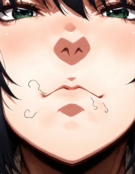 1 woman, age 40,kyou KAI, milf, NSFW, front view, mouth close-up, mouth focus, (random pubic hair), closed mouth, black hair,stray pubic hair,Mouth full of sperm 