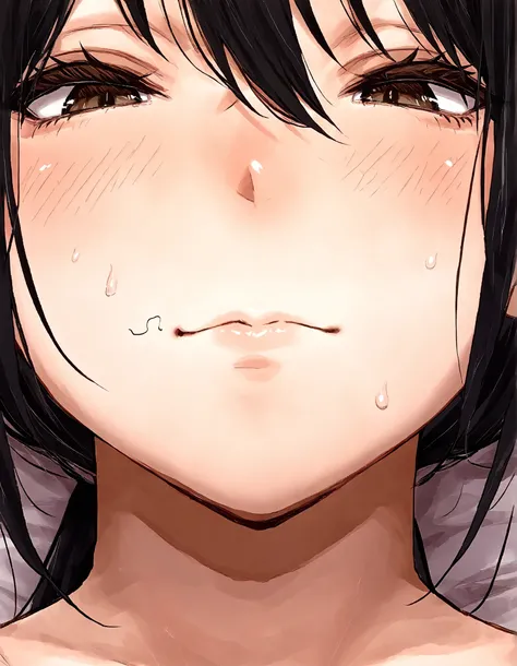 1 woman, age 40, natsume benkei, milf, NSFW, front view, mouth close-up, mouth focus, (random pubic hair), closed mouth, black hair,stray pubic hair,Mouth full of sperm 