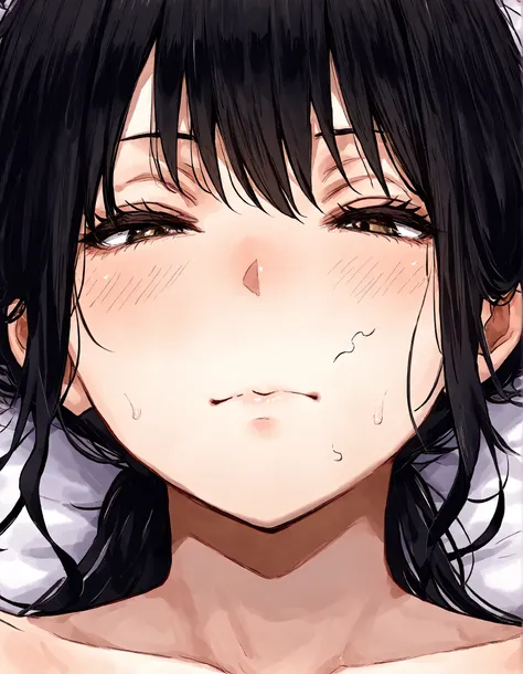 1 woman, age 40, natsume benkei, milf, NSFW, front view, mouth close-up, mouth focus, (random pubic hair), closed mouth, black hair,stray pubic hair,Mouth full of sperm 