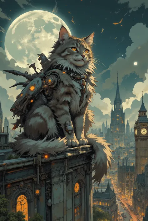 A huge fluffy grey tabby cat with a classic coat pattern sits on the roof of a tall building, its shape is a bizarre combination of organic matter and metallic elements. She majestically surveys the sprawling night city below under a huge full moon. A sly ...