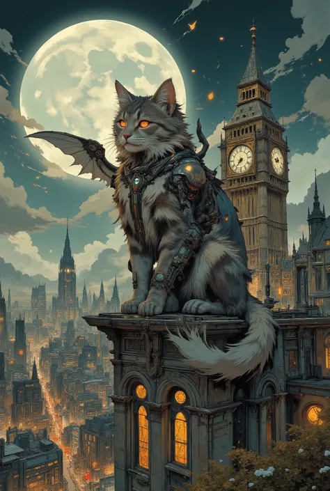 A huge fluffy grey tabby cat with a classic coat pattern sits on the roof of a tall building, its shape is a bizarre combination of organic matter and metallic elements. She majestically surveys the sprawling night city below under a huge full moon. A sly ...