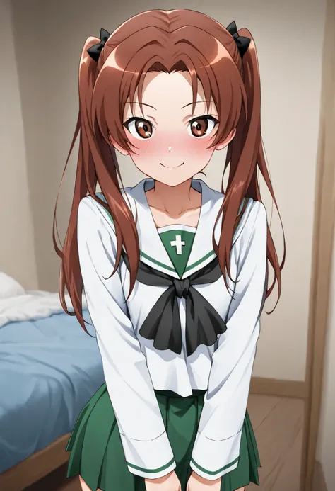 masterpiece, Highest Quality,Indoor、Bed 、kadotani anzu,ooarai school uniform,1girl,solo, Standing、Smile Yan、closed mouth、cowboy shot,year zero、 slightly blushing、