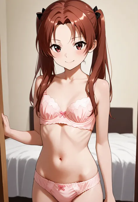 masterpiece, Highest Quality,Indoor、Bed 、kadotani anzu,1girl,solo, Standing、Smile Yan、closed mouth、cowboy shot,year zero、Shy、(stomach、stomach、naked、naked、stomachに手を突っ込む、stomachに手を突っ込む),(Cute Panties:1.3)、pink bra、pink underwear