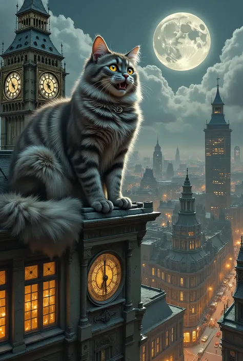 A huge fluffy grey tabby cat with a classic coat pattern sits on the roof of a tall building, its shape is a bizarre combination of organic matter and metallic elements. She majestically surveys the sprawling night city below under a huge full moon. A sly ...