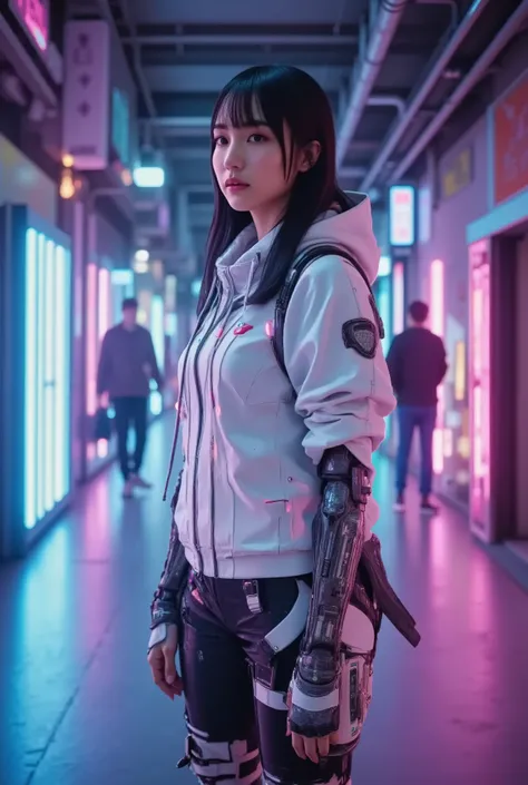 (((Beautiful Futuristic Walkway with Beautiful Multicolored LEDs:2.0))),((interstellar style lighting:2.0)),(((cyberpunk vibe:2.0))),White Futuristic Hoodie,White and black fashion cargo pants,Effects of Wind on Clothes,Super Detailed,25 Year Old Japanese ...