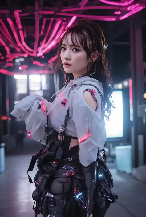 (((Beautiful Futuristic Walkway with Beautiful Multicolored LEDs:2.0))),((interstellar style lighting:2.0)),(((cyberpunk vibe:2.0))),White Futuristic Hoodie,White and black fashion cargo pants,Effects of Wind on Clothes,Super Detailed,25 Year Old Japanese ...
