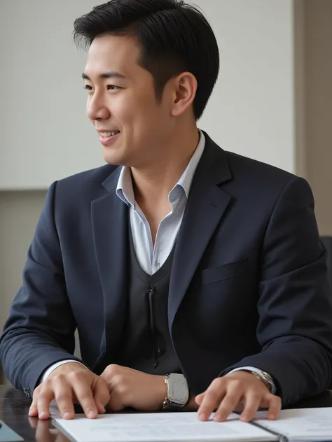 40 year old man in suit 、Japanese、profile、 sitting in office、Smile Yan、short hair、slim