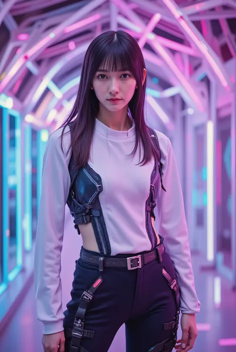(((Beautiful futuristic walkway with multicolored LEDs shining beautifully:2.0))),((interstellar style lighting:2.0)),(((cyberpunk vibe:2.0))),White Futuristic Hoodie,White and black fashion cargo pants,Effects of Wind on Clothes,Super Detailed,25 Year Old...