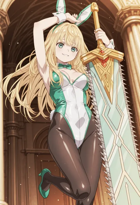 (((SFW、Highest quality、First Class Masterpiece、normal body 、32k、detailed face、super precise、normal hand、Highest)))、Yuri Kawazu/Kawazu Yuri、『Momentary Lily』、Beautiful girl、Blonde、long hair、Blue-green eyes 、Beautiful Breasts、Slim、Slender、super high leg bunny...